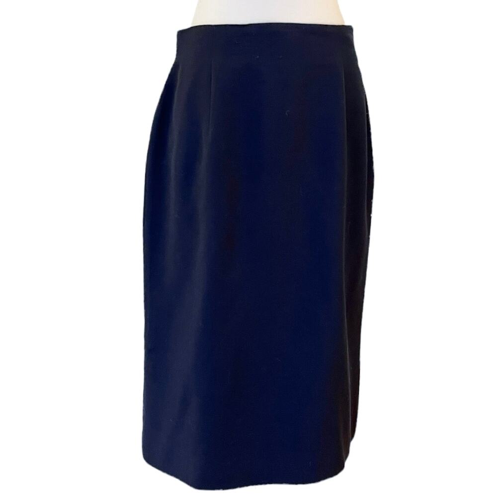 VINTAGE CHRISTIAN DIOR Pencil Skirt Navy Wool Pleats Back Lined Zipper USA 10